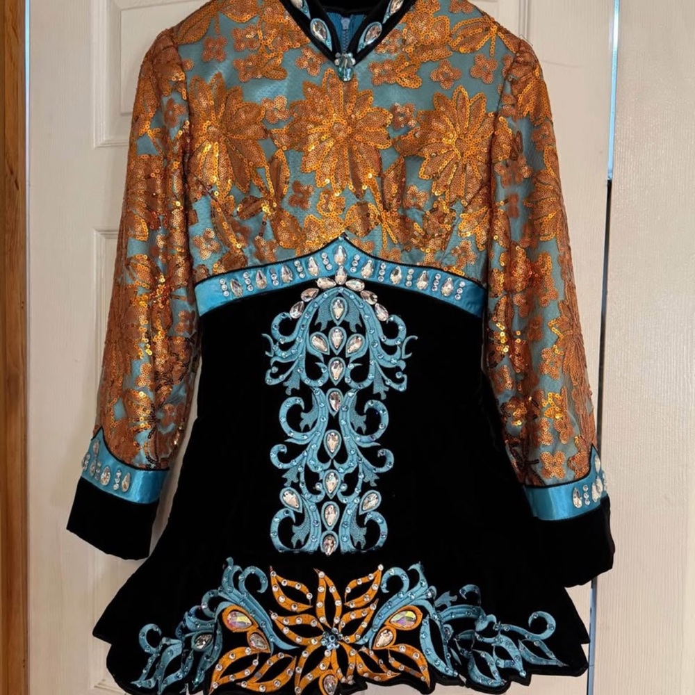IRISH DANCE SOLO Embellished Black and Gold Dress with Blue Accents